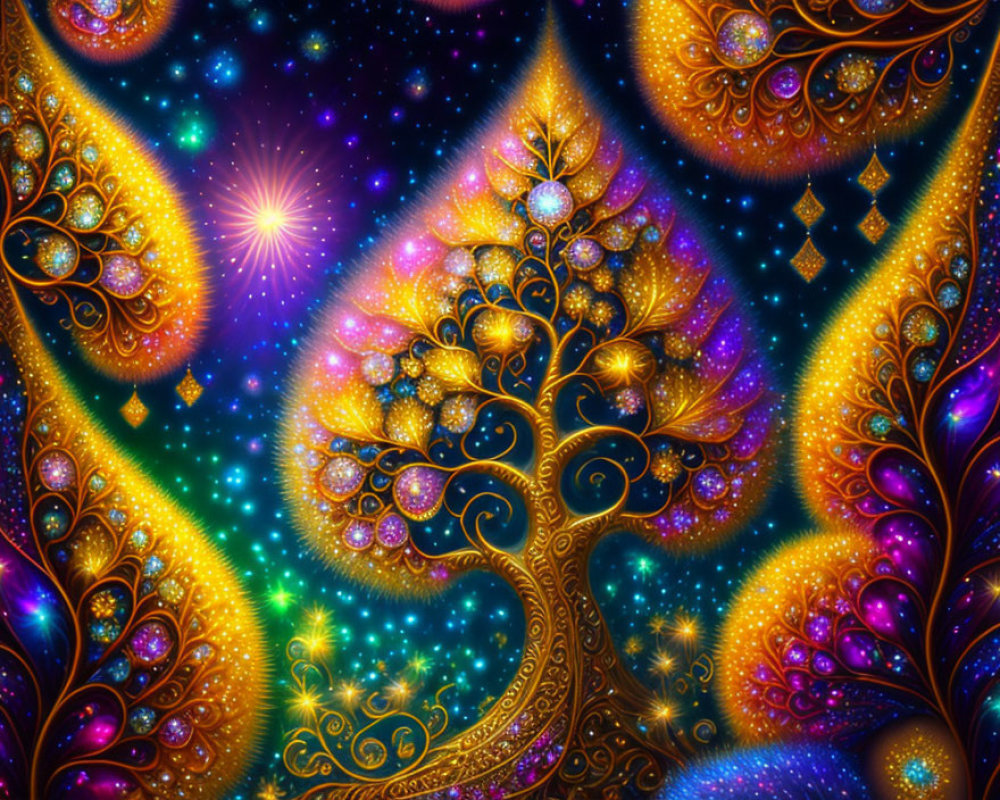 Colorful artwork of whimsical tree with golden leaves on cosmic background