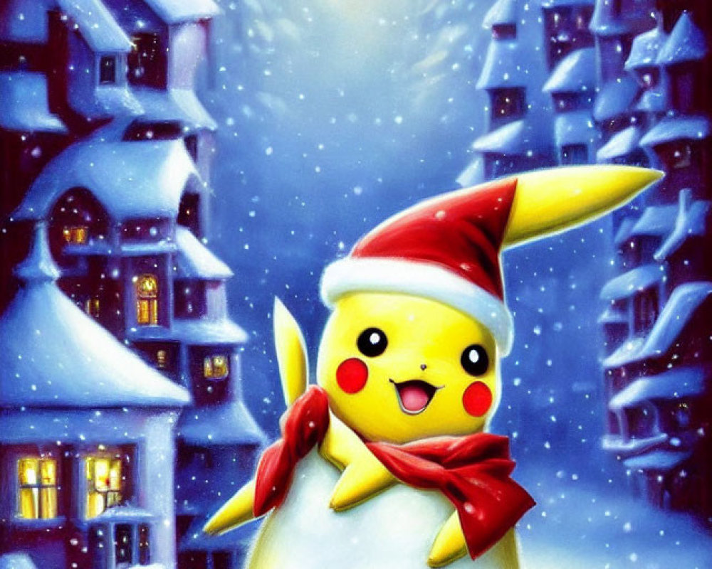 Festive Pikachu in Santa Hat and Scarf in Snowy Village