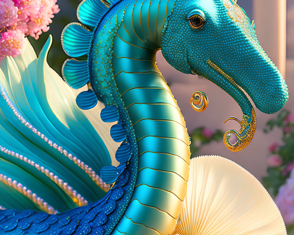 Colorful mythical seahorse surrounded by vibrant flowers and gold accents