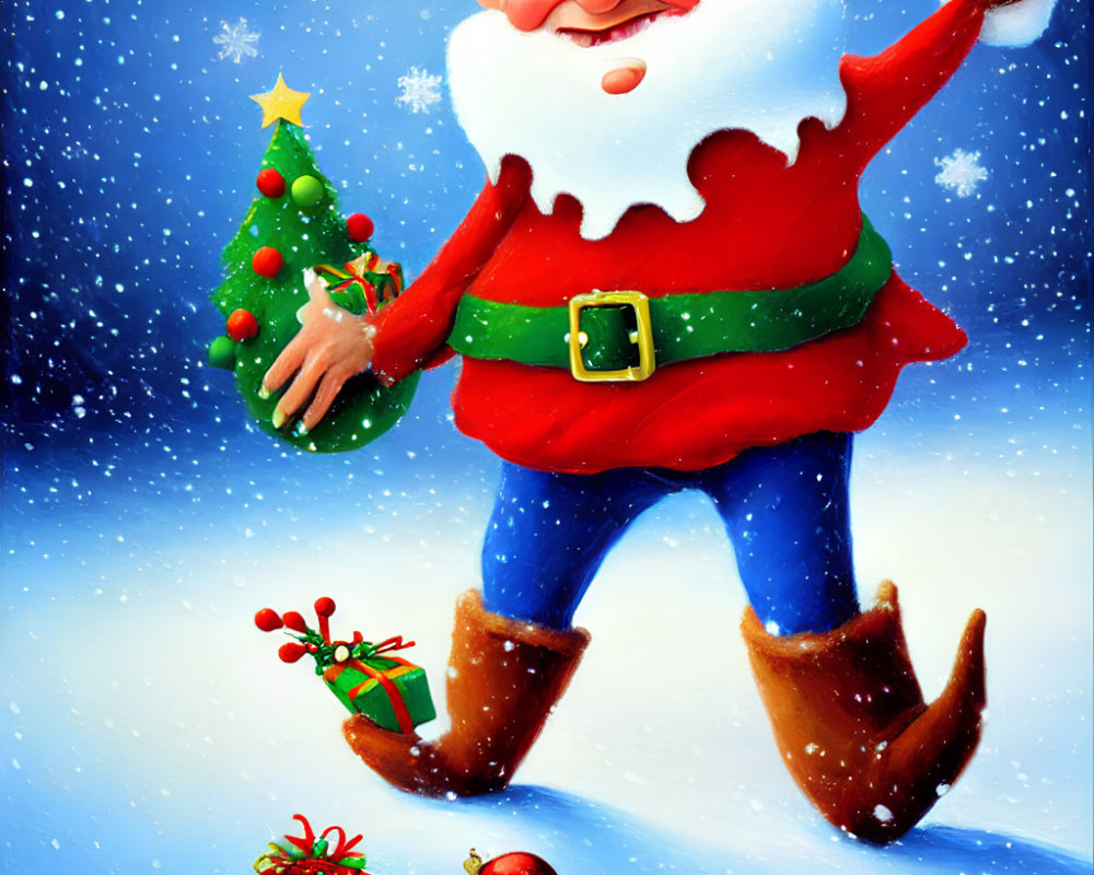 Cheerful Santa Claus Illustration with Christmas Tree and Gifts