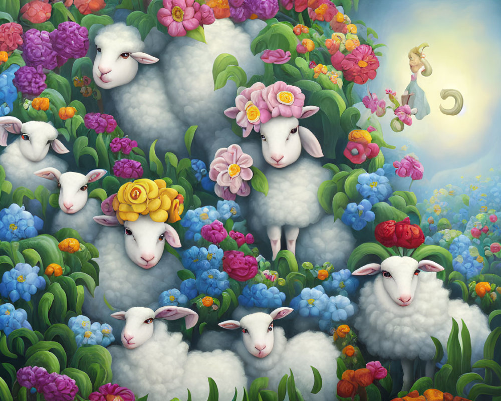 Colorful Sheep Illustration Among Vibrant Flowers and Bushes