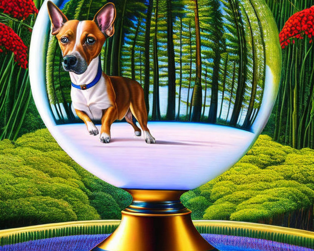 Surreal dog illustration in transparent orb with forest backdrop