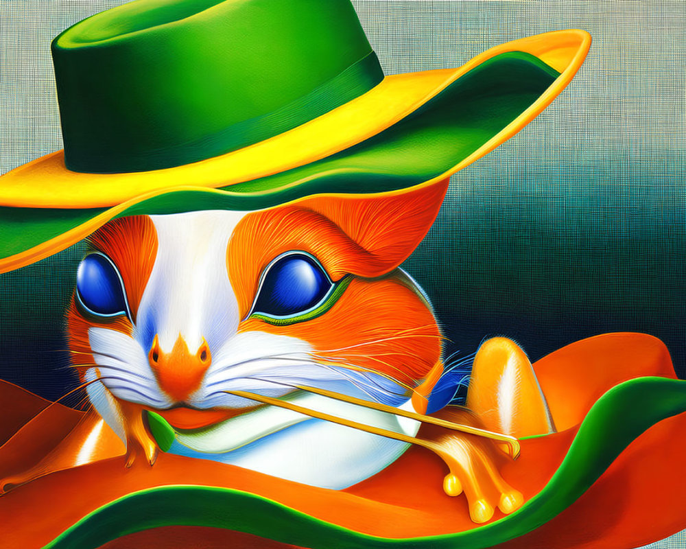 Whimsical orange cat in green hat with blue eyes on textured background