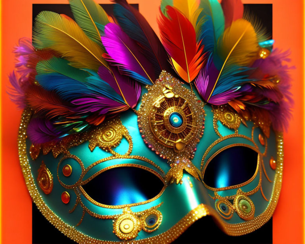 Colorful Carnival Mask with Feathers and Gold Patterns on Orange Background