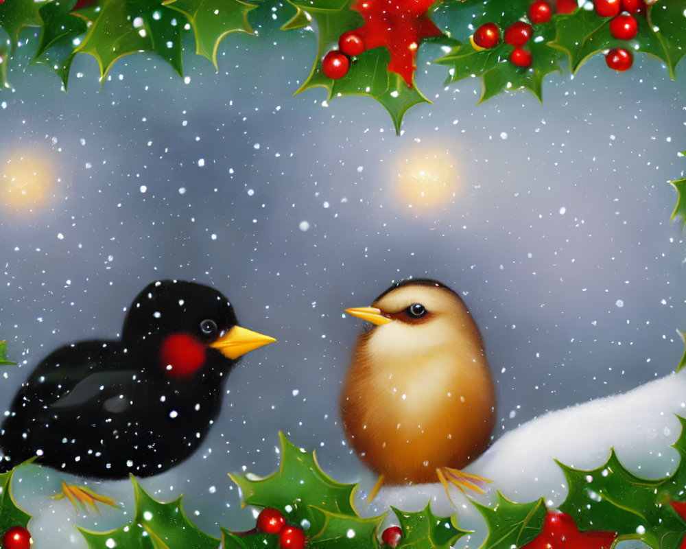 Illustrated birds with holly leaves, berries, snow, and glowing lights