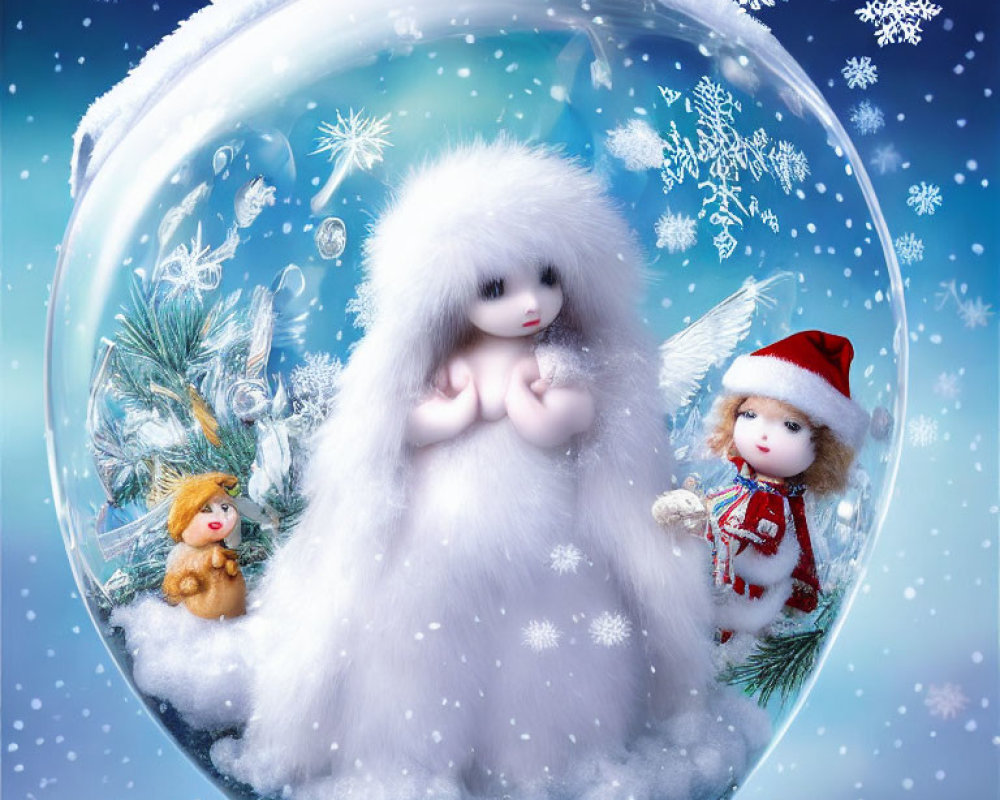 Snow globe illustration with snowy scene and cartoon dolls