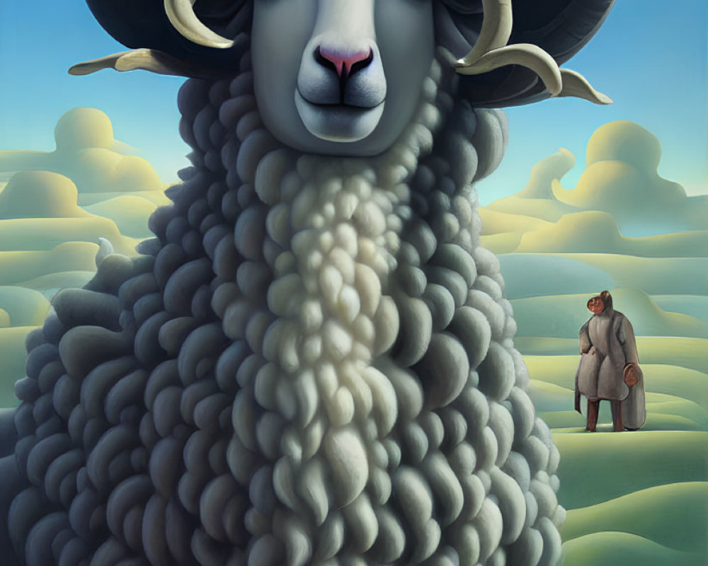 Illustration of towering sheep in vibrant flower field