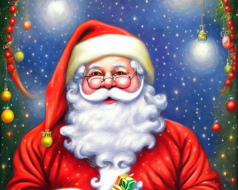 Detailed Santa Claus illustration with gift and Christmas decorations.