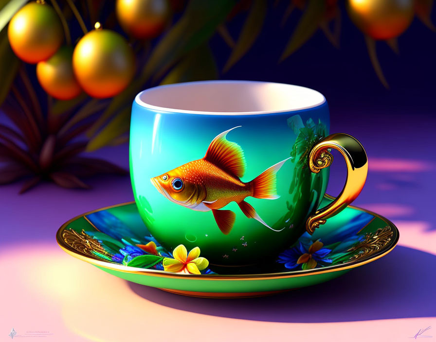 Colorful Goldfish Swimming in Teal Cup on Saucer Amidst Tropical Flora