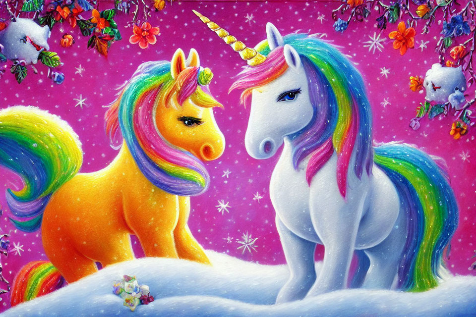 Colorful unicorns with rainbow manes in frosty landscape with falling snowflakes