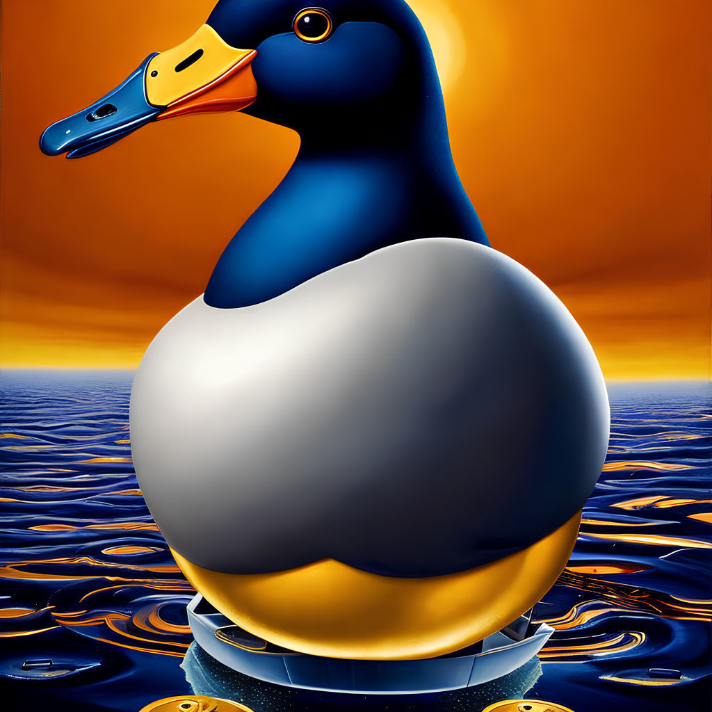 Surreal duck with rounded body on water in deep blue and gold color scheme