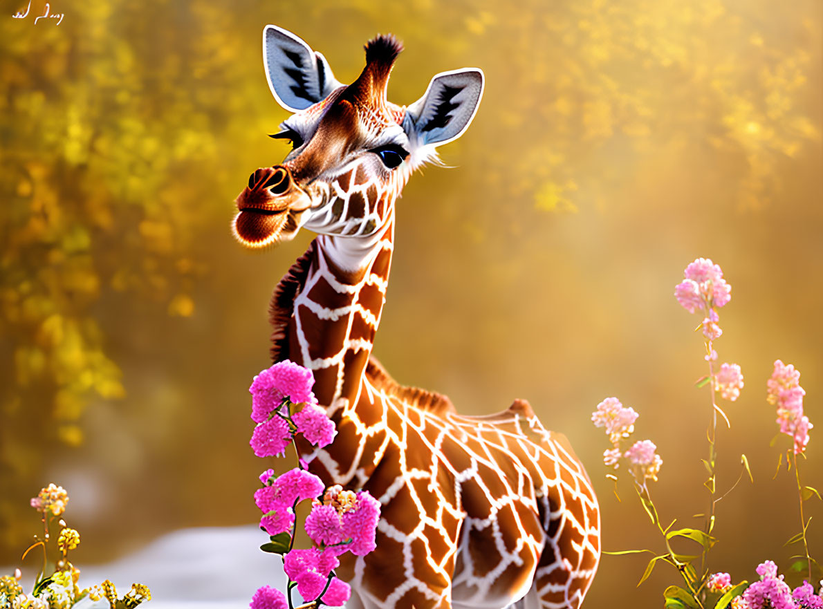 Giraffe in Pink Flower Setting with Bokeh Background