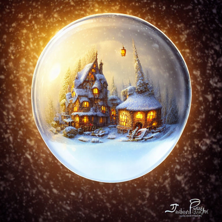 Snow-covered cottage in snow globe surrounded by wintry forest