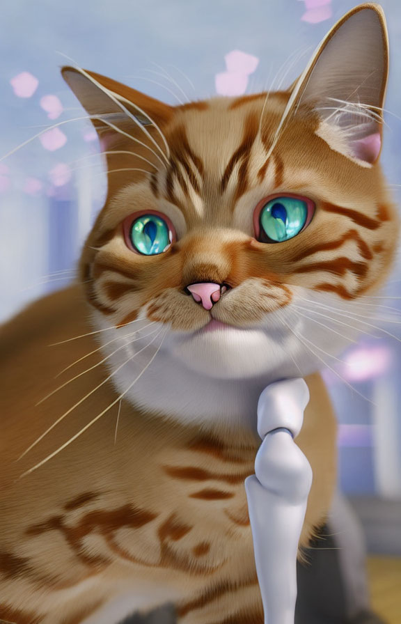 Orange Tabby Cat with Blue Eyes Holding White Object in Soft Blue and Pink Background