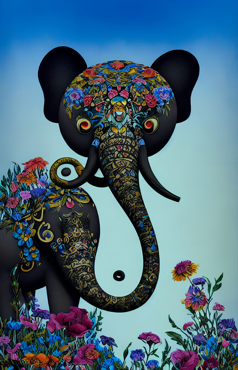 Stylized elephant with floral patterns on blue background