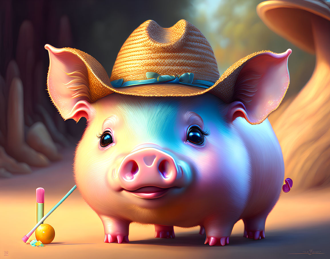 Smiling pig with straw hat playing croquet in warm setting