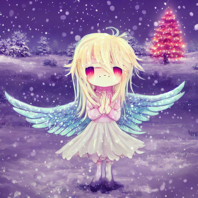 Blonde angel with blue wings in snowy scene with Christmas tree