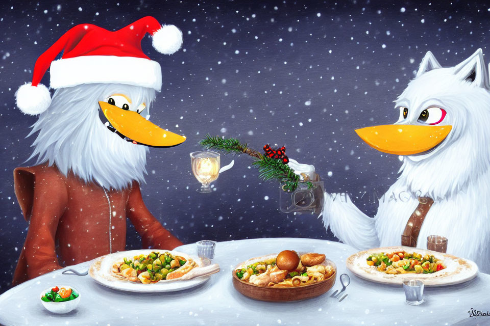 Anthropomorphic birds in festive attire eating outdoors in the snow