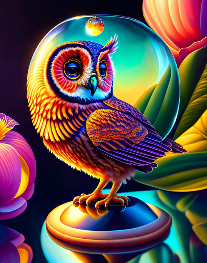 Vibrant digital artwork: Owl on stand with flowers and luminous bubble