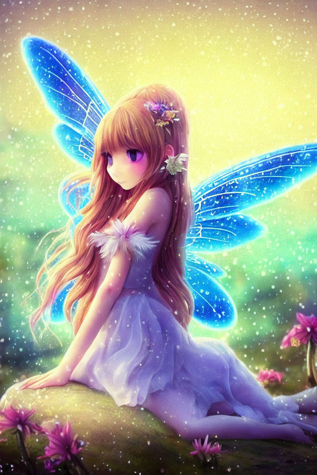 Fantasy illustration of girl with butterfly wings in flower field