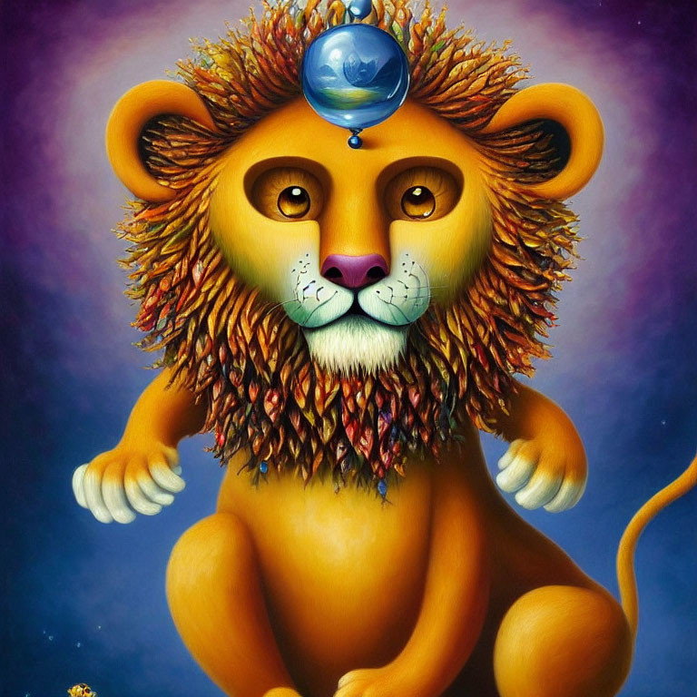 Whimsical lion illustration with leaf mane and crystal ball on starry backdrop