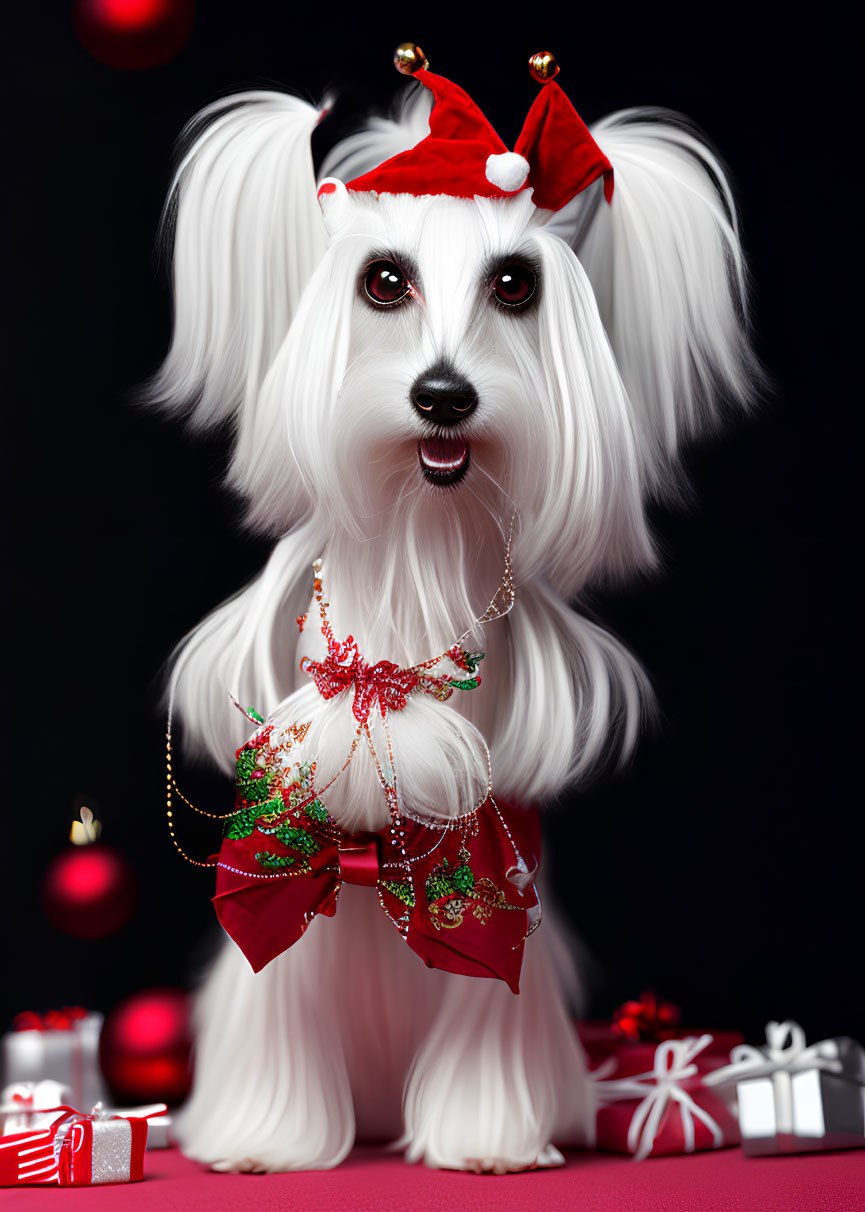 Fluffy white dog in Santa hat with Christmas gifts on dark background