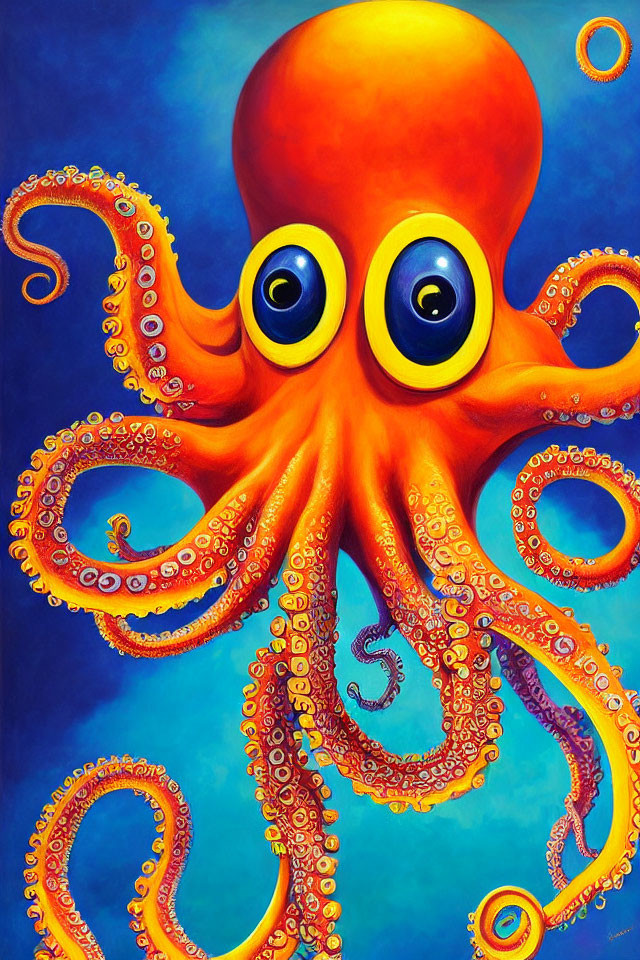 Colorful painting of orange octopus with yellow eyes and detailed tentacles on blue background