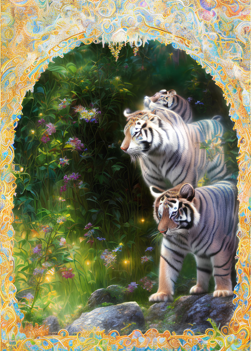 Three tigers in lush floral environment with ornate frame - mystical and majestic.