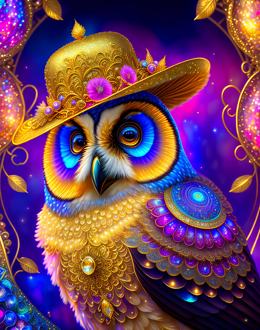 Colorful Owl Illustration with Golden Hat in Starry Background