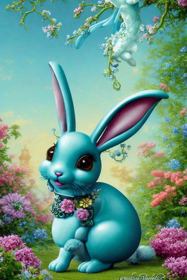 Colorful whimsical illustration of a blue rabbit in a floral garden with a bird