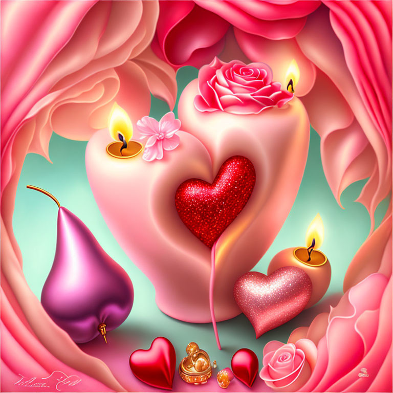 Romantic composition with heart-shaped candles, lollipop, roses, crown, and silk pear in pink