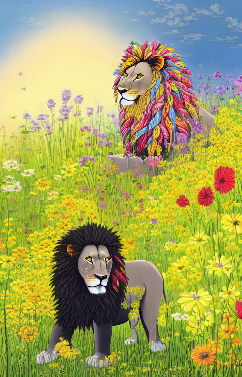 Vibrant illustration of two lions in flower field with rainbow mane