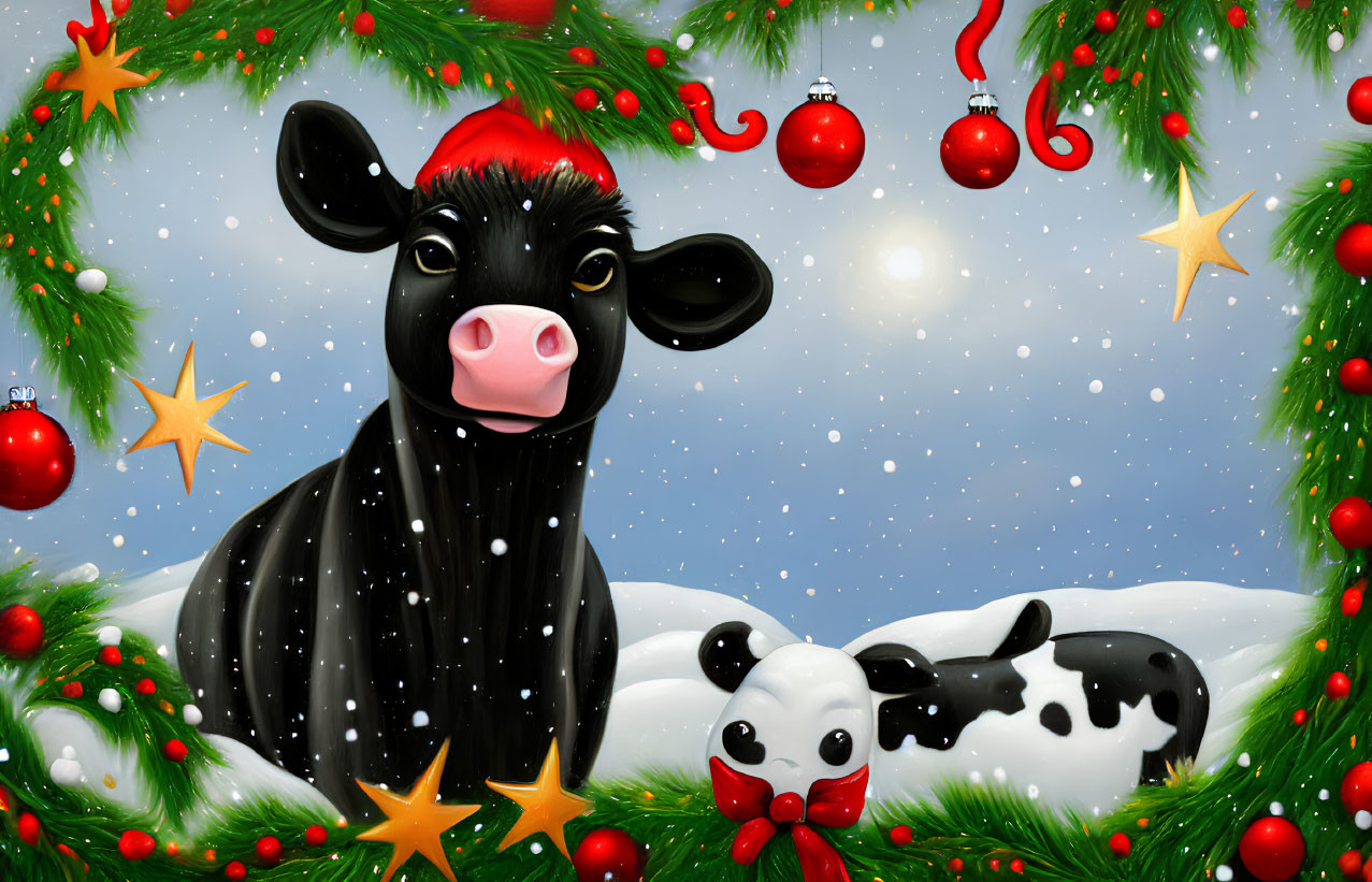 Festive black and white cow with calf in snow, surrounded by Christmas wreath with red ornaments