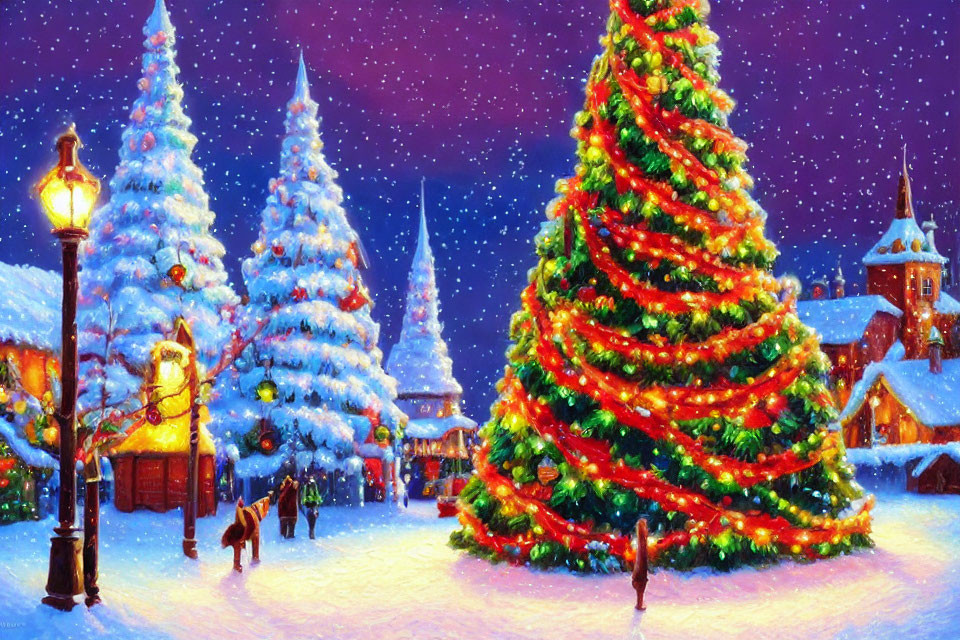 Snowy town square with illuminated Christmas tree and festive decorations