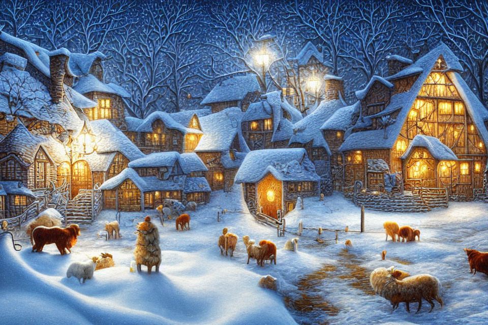 Snow-covered village with thatched cottages, street lamps, sheep, and dog at night