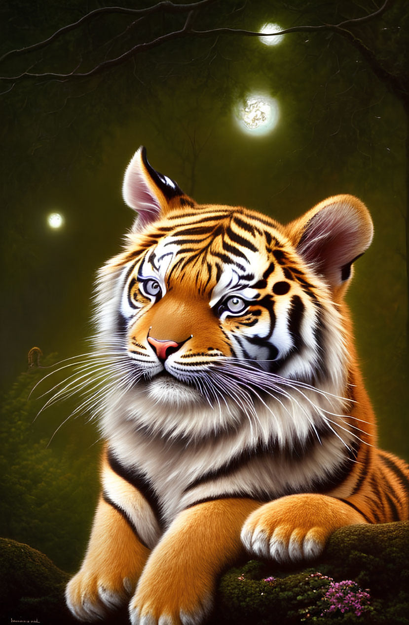 Digital artwork of a tiger in mystical forest with glowing orbs