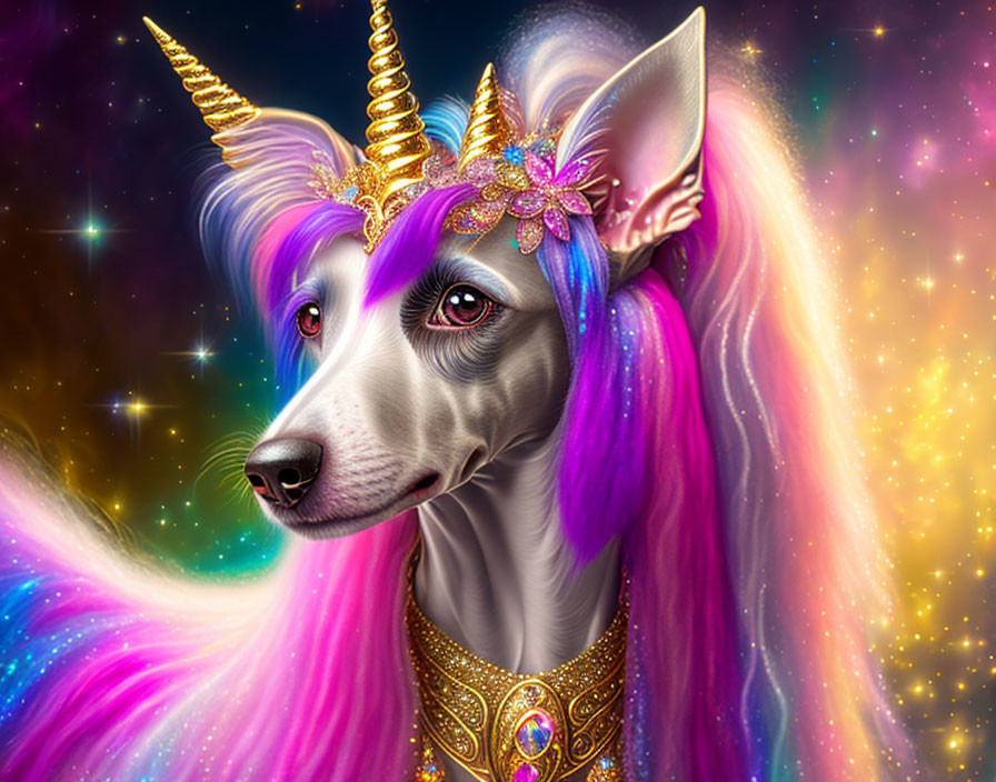 Unicorn with Dog's Face: Purple Mane, Golden Horn, Cosmic Background