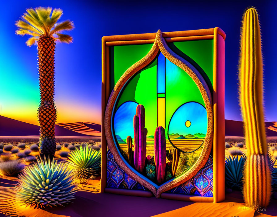 Colorful digital artwork: Surreal desert scene with mirrored frame, stylized sunset, cacti