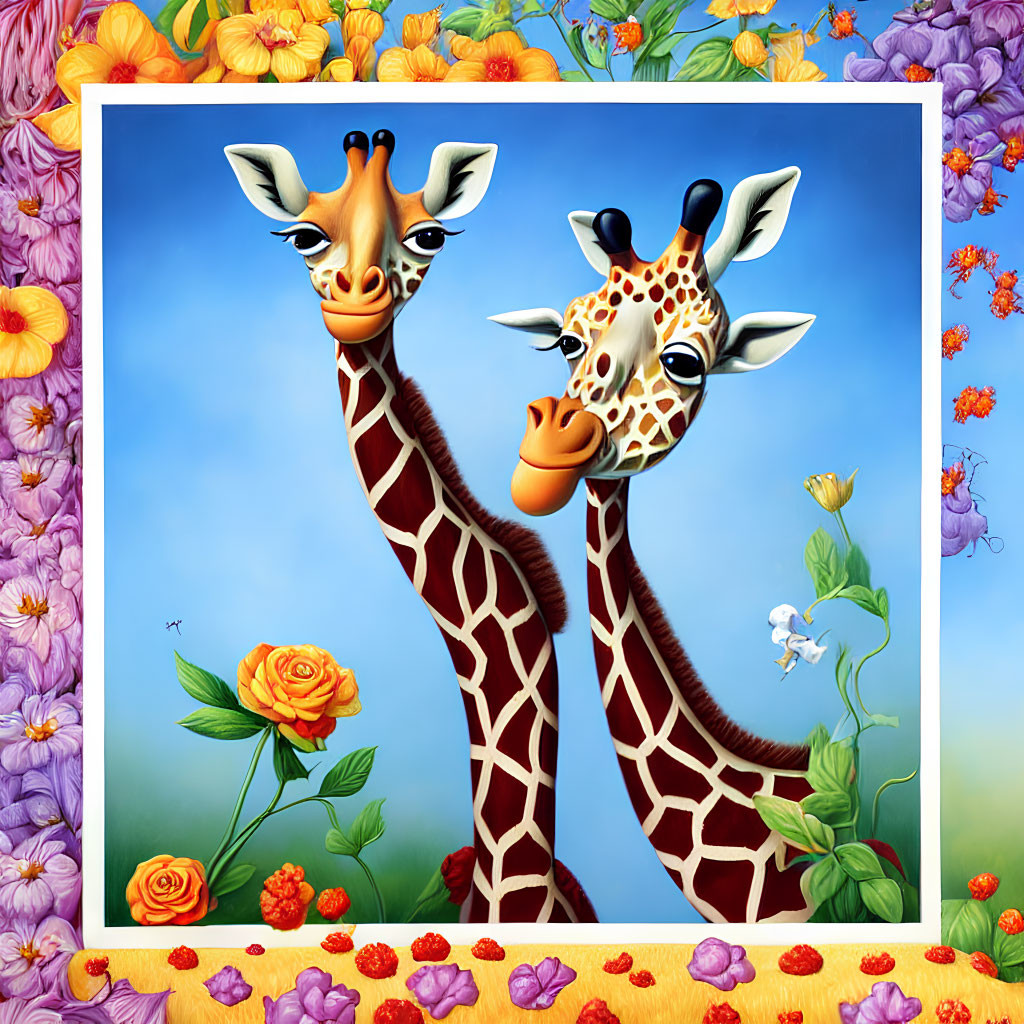 Cartoon giraffes peeking through colorful flower frame on blue sky background