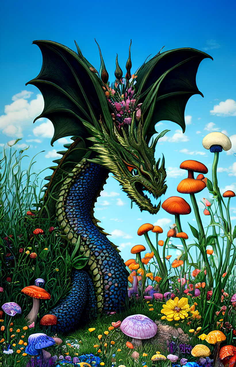 Colorful Green Dragon Surrounded by Mushrooms and Flowers