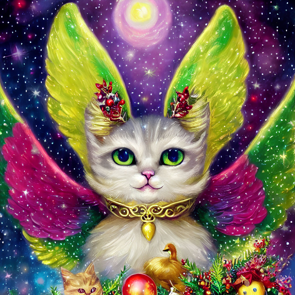 White Kitten with Colorful Butterfly Wings in Cosmic Setting