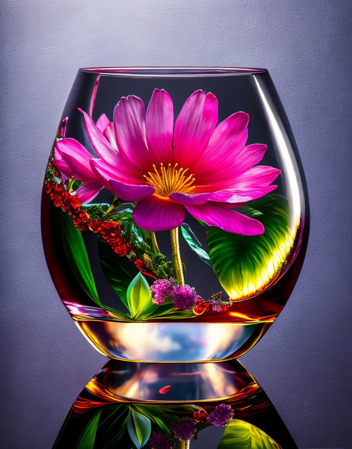 Vibrant pink flower in clear glass with yellow center, green leaves, red berries, purple backdrop