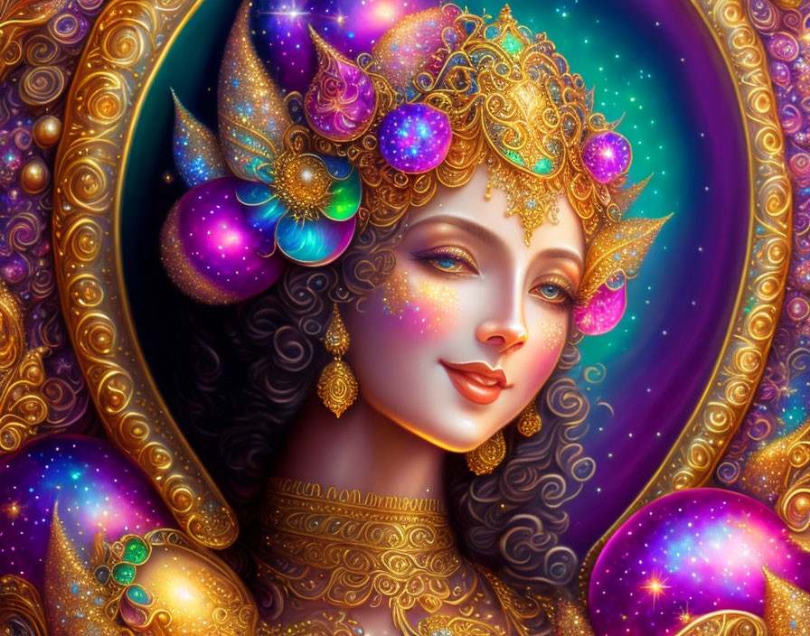 Cosmic-themed digital art portrait of a woman with golden jewelry and vibrant purple and blue hues