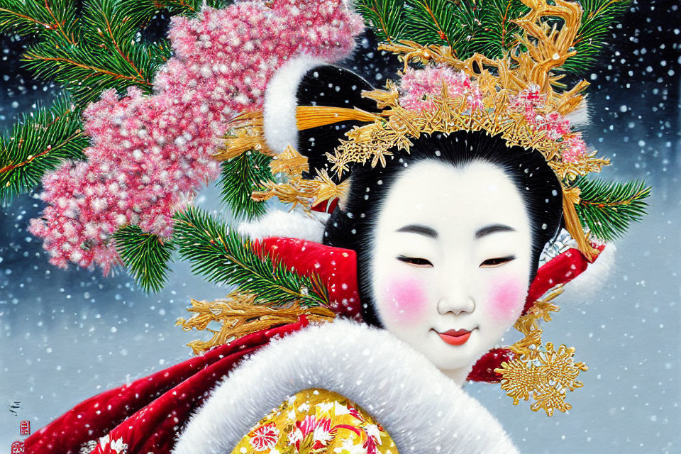 Geisha painting: Elaborate hair ornaments, red and white kimono, snowfall, pink