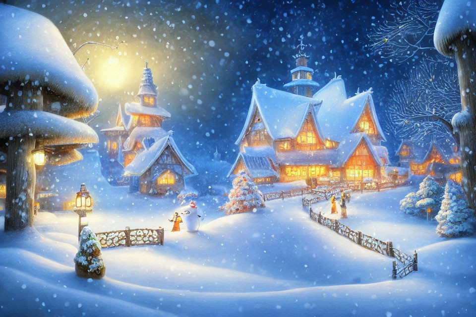 Snowy village scene: illuminated houses, snowman, gentle snowfall