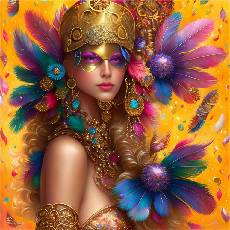 Woman in golden masquerade mask and headdress with feathers and jewels on warm background