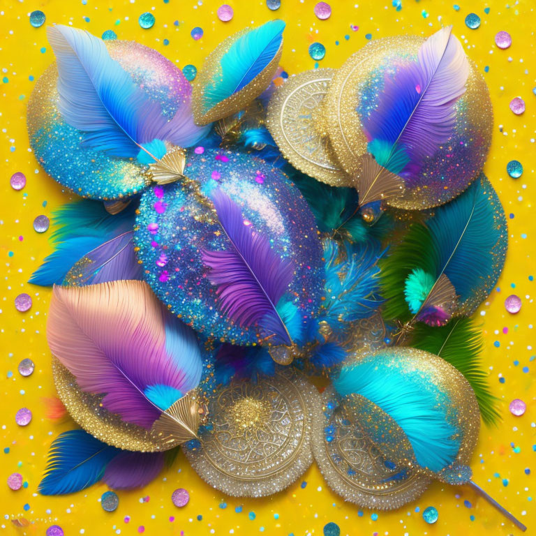 Vibrant Feathers and Glittering Sequins on Yellow Background