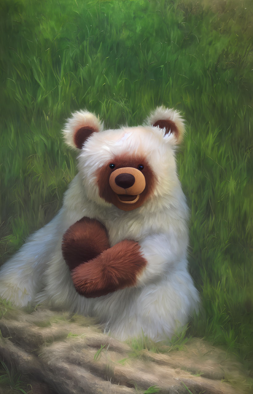 Fluffy white teddy bear with heart patch in green grass