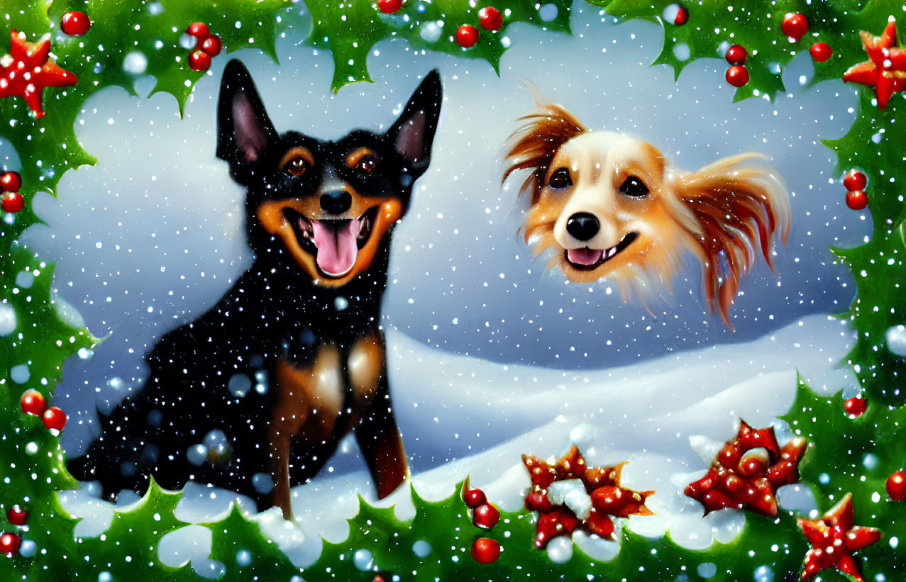 Cheerful dogs in snow with holly, festive winter theme