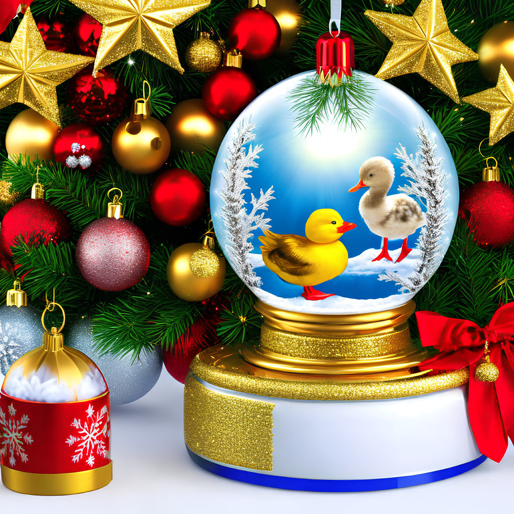 Snow Globe with Ducks, Baubles, Stars, and Ribbons on White Background